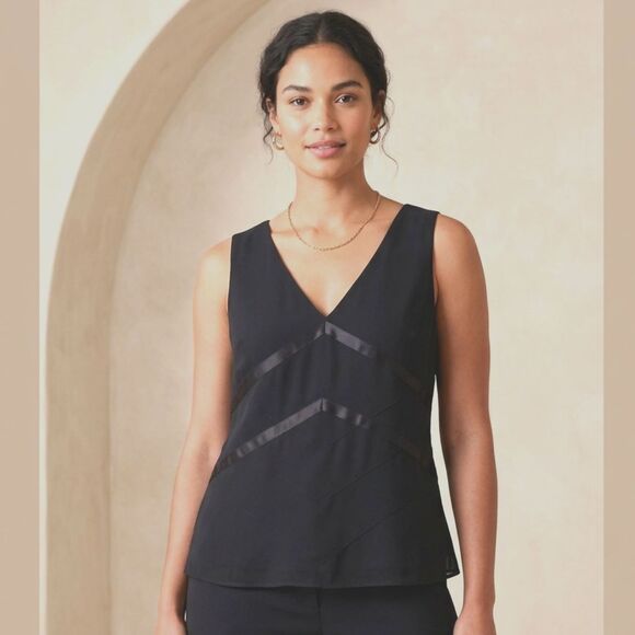Axcess Tops - Axcess Women Size 16 Black V Neck Tank Top Blouse Lined Satin Ribbon Chevron